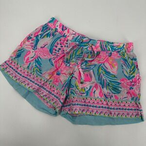 Lilly Pulitzer XS Pink Blue Tropical Floral Rayon Callahan Beach Shorts Resort